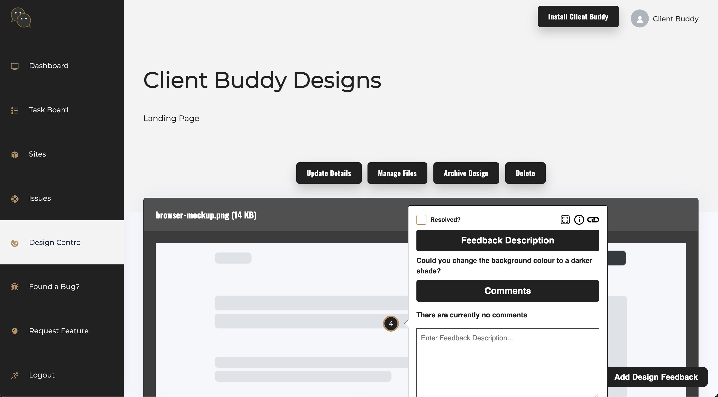 Client Buddy design center page
